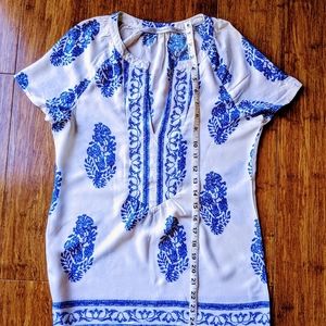 Boho white and navy short sleeve blouse